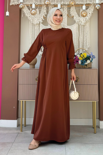 Tek Tarafı Yandan Büzmeli Elbise 6017 Kahverengi - Bym Fashion (1)