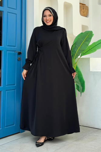 Tek Tarafı Yandan Büzmeli Elbise 6017 Siyah - Bym Fashion