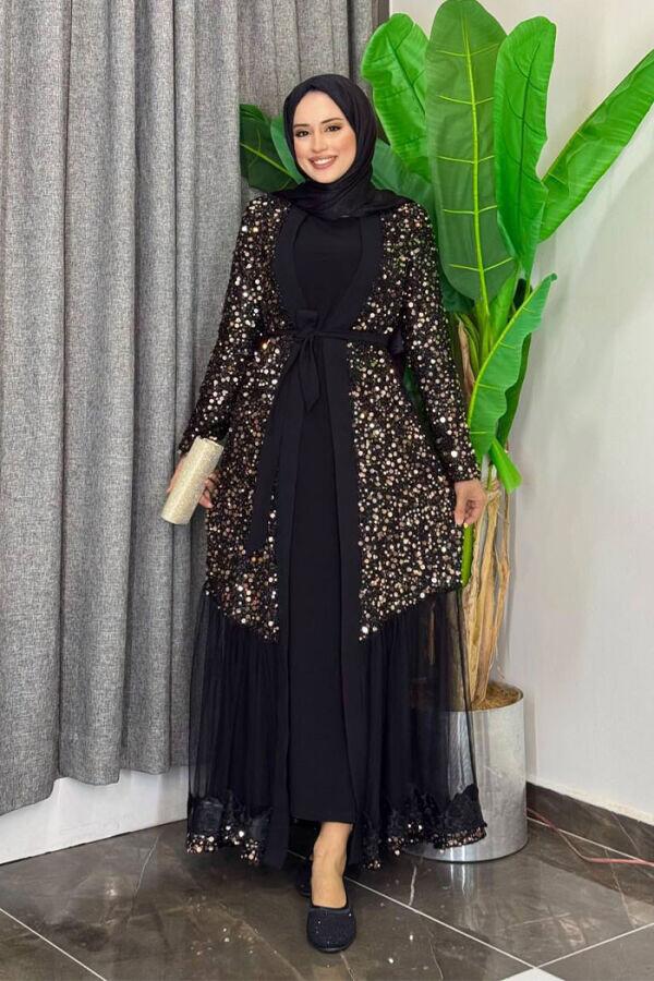 Tül İşleme Detay Pul Payetli Abaya 7376 Gold - 1