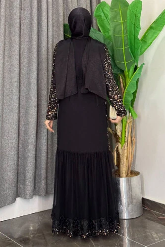 Tül İşleme Detay Pul Payetli Abaya 7376 Gold - 2