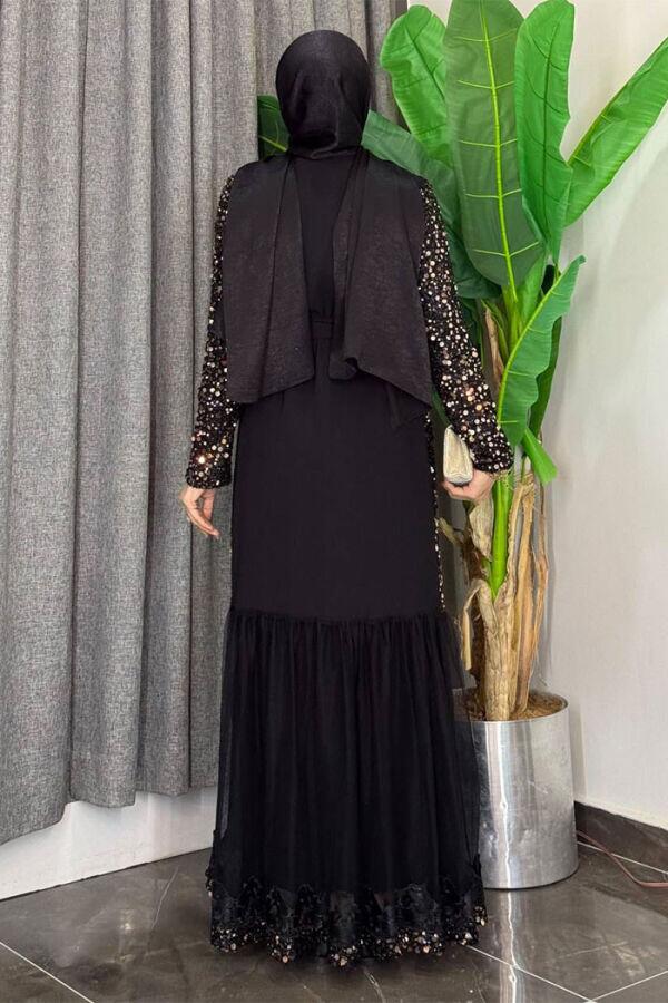 Tül İşleme Detay Pul Payetli Abaya 7376 Gold - 2