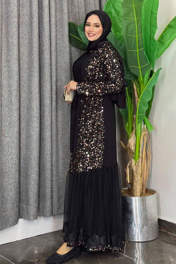 Tül İşleme Detay Pul Payetli Abaya 7376 Gold - 3