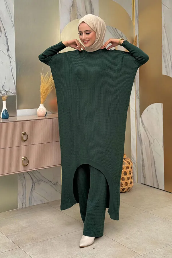 Uzun Tunik ve Pantolon İkili Triko Takım 12157 Zümrüt - 1