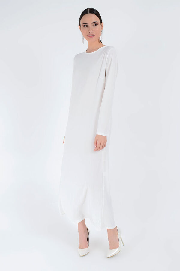 XXL Büyük Beden Düz Bisklet Yaka Uzun Kol İç Sandy Elbise 3202-3 Ekru - 2