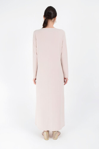 XXL Büyük Beden Düz Bisklet Yaka Uzun Kol İç Sandy Elbise 3202-3 Taş - 4