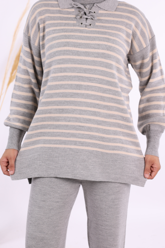 Yaka Bağlama Detaylı Tunik Ve Pantolon İkili Triko Takım 2-1515 Gri - 4