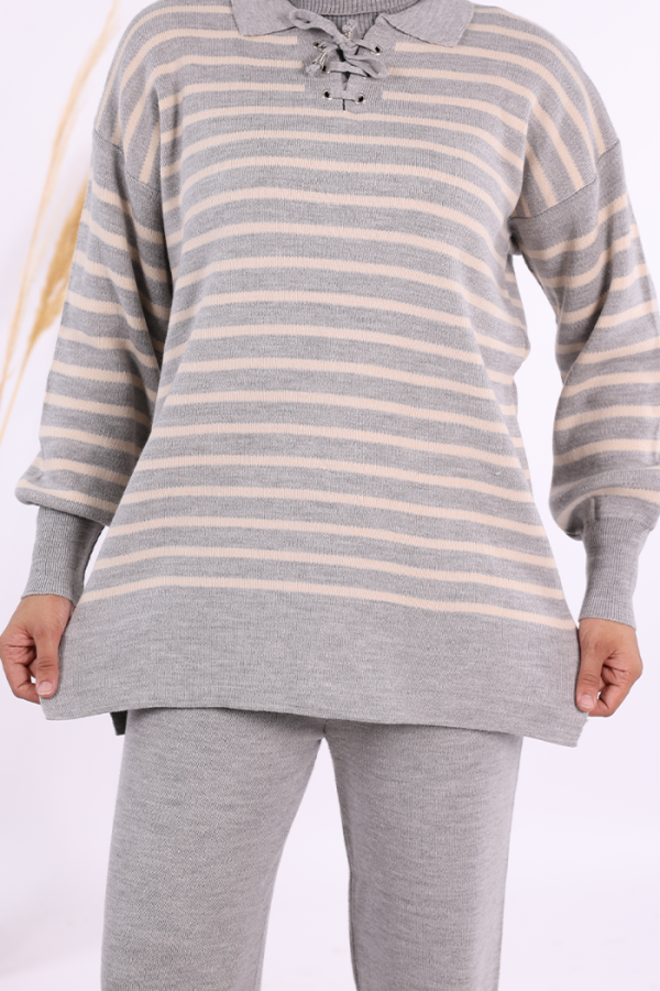 Yaka Bağlama Detaylı Tunik Ve Pantolon İkili Triko Takım 2-1515 Gri - 4