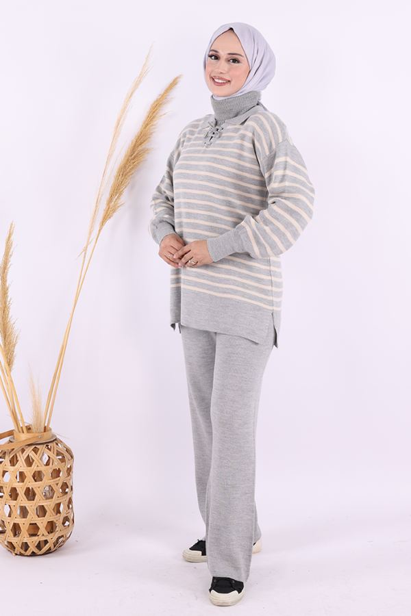 Yaka Bağlama Detaylı Tunik Ve Pantolon İkili Triko Takım 2-1515 Gri - 2
