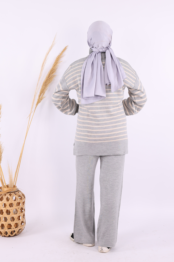 Yaka Bağlama Detaylı Tunik Ve Pantolon İkili Triko Takım 2-1515 Gri - 3