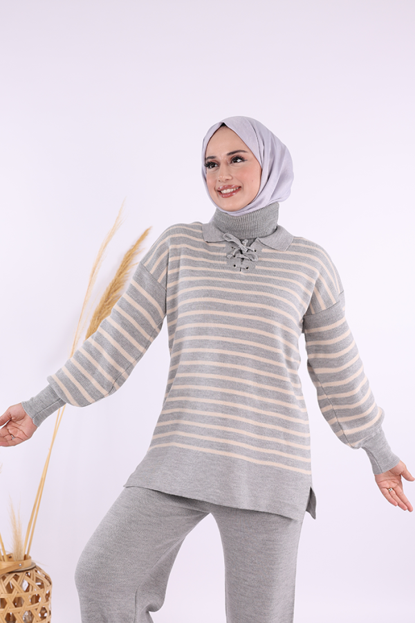Yaka Bağlama Detaylı Tunik Ve Pantolon İkili Triko Takım 2-1515 Gri - 5