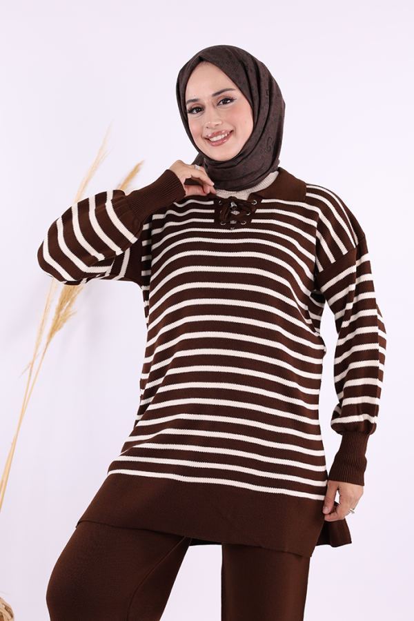 Yaka Bağlama Detaylı Tunik Ve Pantolon İkili Triko Takım 2-1515 Kahverengi - 5