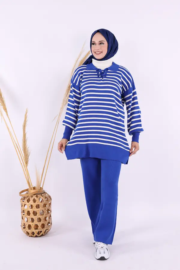 Yaka Bağlama Detaylı Tunik Ve Pantolon İkili Triko Takım 2-1515 Saks - 1