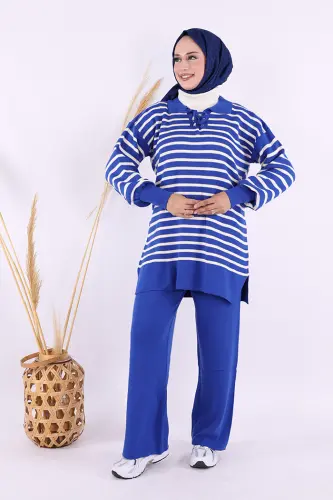 Yaka Bağlama Detaylı Tunik Ve Pantolon İkili Triko Takım 2-1515 Saks - 2