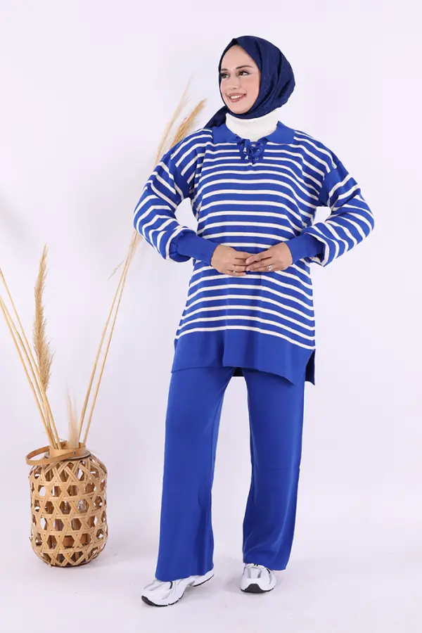 Yaka Bağlama Detaylı Tunik Ve Pantolon İkili Triko Takım 2-1515 Saks - 2