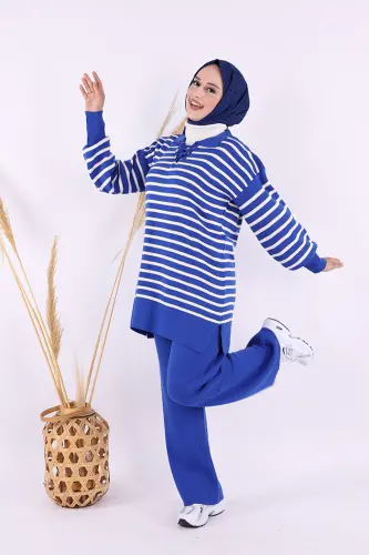 Yaka Bağlama Detaylı Tunik Ve Pantolon İkili Triko Takım 2-1515 Saks - 3