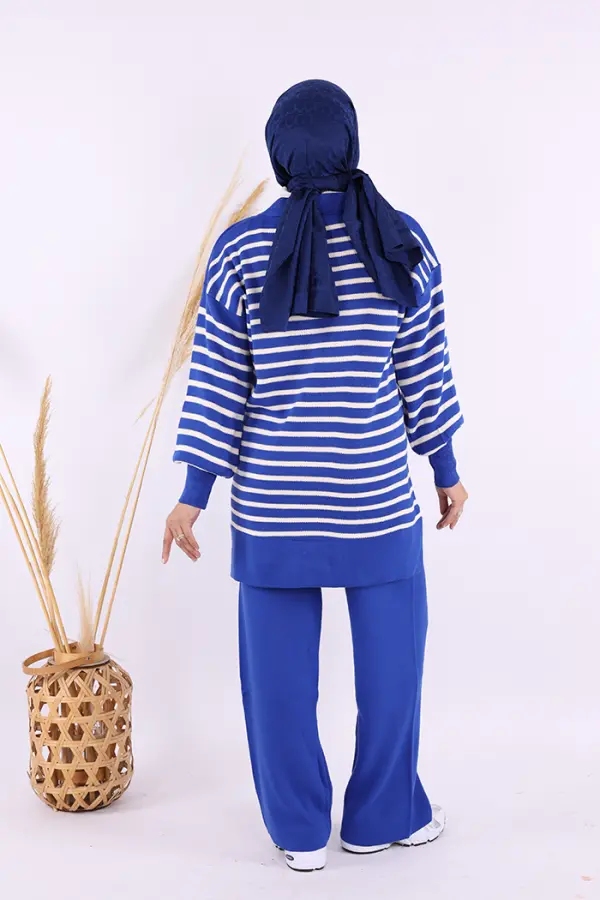 Yaka Bağlama Detaylı Tunik Ve Pantolon İkili Triko Takım 2-1515 Saks - 4
