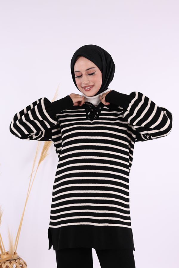 Yaka Bağlama Detaylı Tunik Ve Pantolon İkili Triko Takım 2-1515 Siyah - 6
