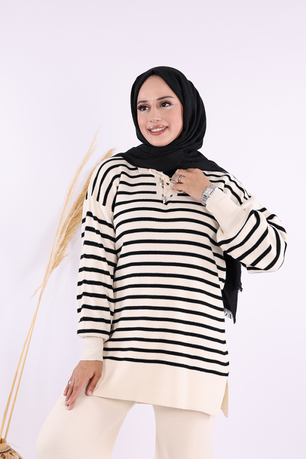 Yaka Bağlama Detaylı Tunik Ve Pantolon İkili Triko Takım 2-1515 Taş - 5