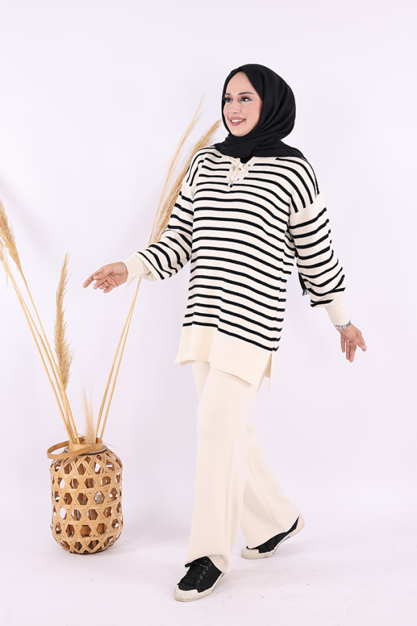Yaka Bağlama Detaylı Tunik Ve Pantolon İkili Triko Takım 2-1515 Taş - 2