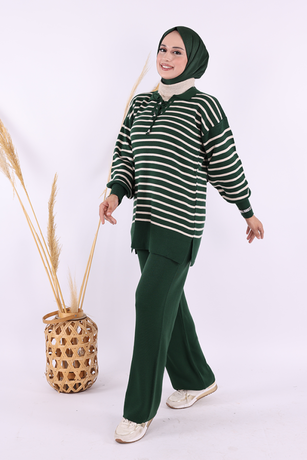 Yaka Bağlama Detaylı Tunik Ve Pantolon İkili Triko Takım 2-1515 Zümrüt - 3