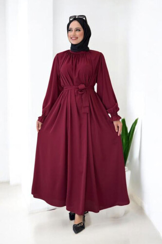 Yaka ve Kol Manşetleri Büzgü Görünümlü Kuşaklı Elbise 6014 Bordo - Bym Fashion