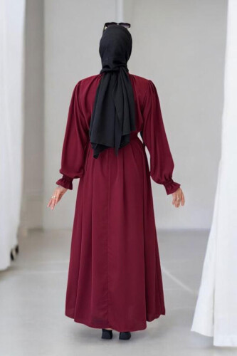 Yaka ve Kol Manşetleri Büzgü Görünümlü Kuşaklı Elbise 6014 Bordo - Bym Fashion (1)