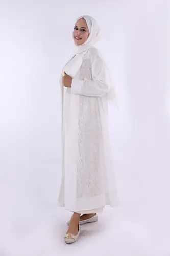 Yakalı Dantel Güpür Detay Abaya 7830 Ekru - 1