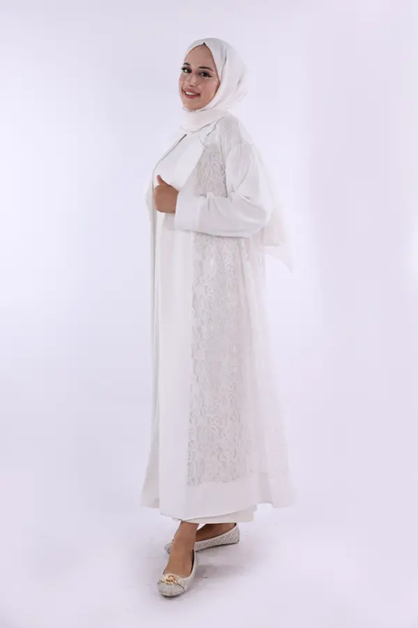 Yakalı Dantel Güpür Detay Abaya 7830 Ekru - 1