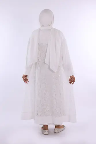 Yakalı Dantel Güpür Detay Abaya 7830 Ekru - 2