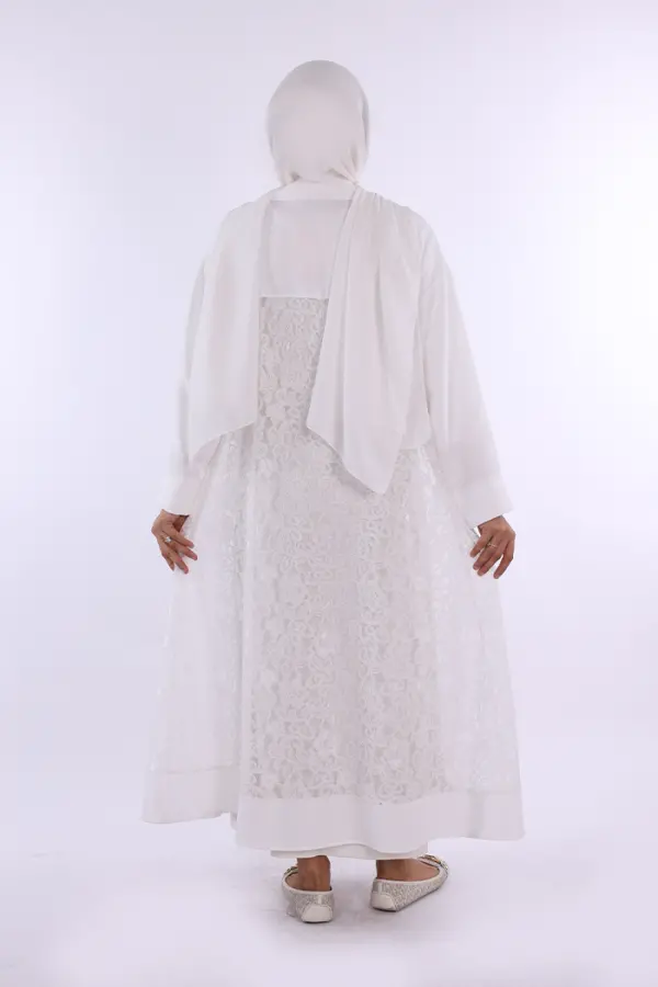 Yakalı Dantel Güpür Detay Abaya 7830 Ekru - 2