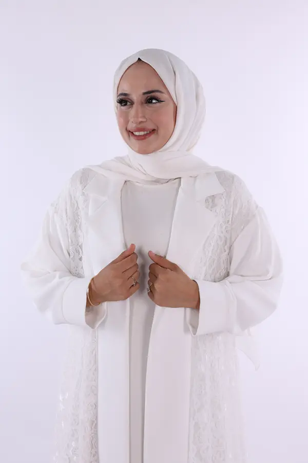 Yakalı Dantel Güpür Detay Abaya 7830 Ekru - 3