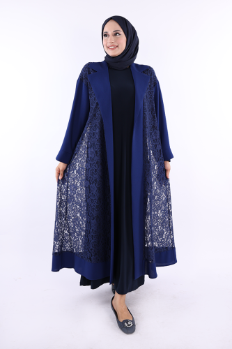 Yakalı Dantel Güpür Detay Abaya 7830 Lacivert - 1