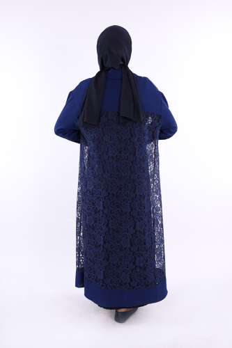 Yakalı Dantel Güpür Detay Abaya 7830 Lacivert - 3