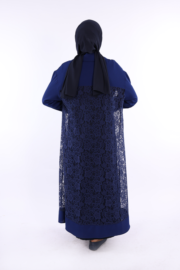 Yakalı Dantel Güpür Detay Abaya 7830 Lacivert - 3