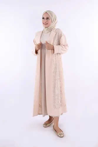 Yakalı Dantel Güpür Detay Abaya 7830 Taş - 1