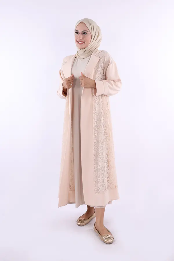 Yakalı Dantel Güpür Detay Abaya 7830 Taş - 1