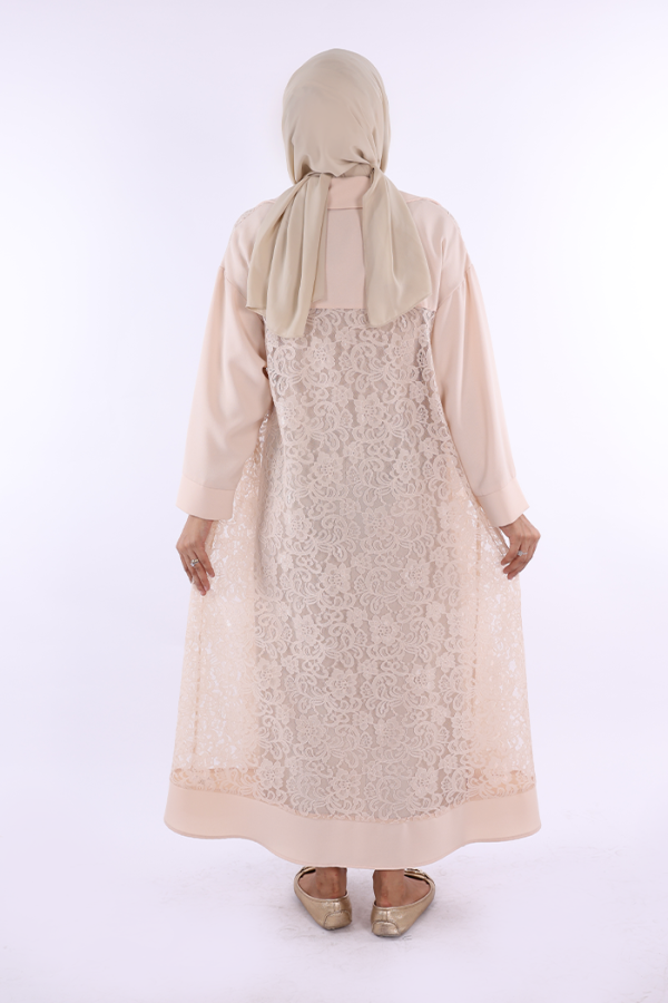 Yakalı Dantel Güpür Detay Abaya 7830 Taş - 3