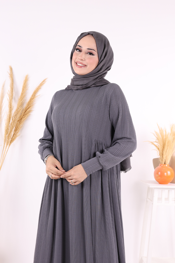 Yanları Büzgülü Örme Elbise 6026 Füme - 8