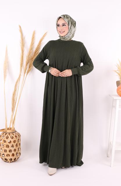 Yanları Büzgülü Örme Elbise 6026 Haki - 5