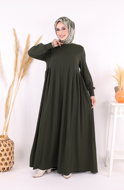 Yanları Büzgülü Örme Elbise 6026 Haki - 6