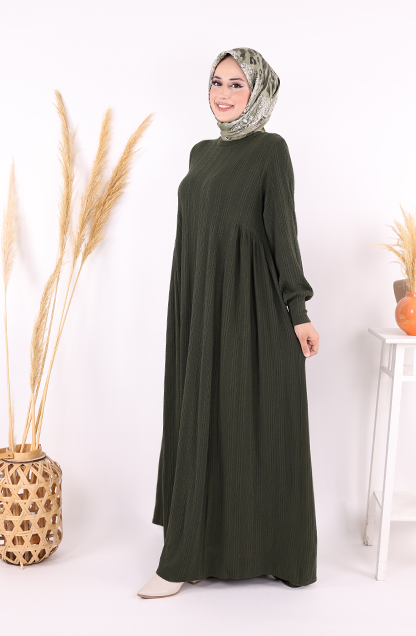 Yanları Büzgülü Örme Elbise 6026 Haki - 7