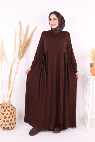 Yanları Büzgülü Örme Elbise 6026 Kahverengi - 5