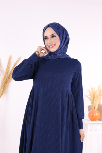 Yanları Büzgülü Örme Elbise 6026 Lacivert - 8