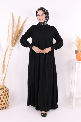Yanları Büzgülü Örme Elbise 6026 Siyah - 5