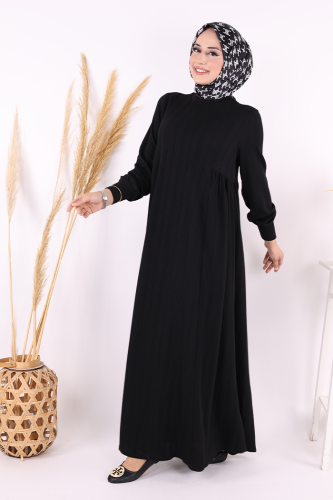 Yanları Büzgülü Örme Elbise 6026 Siyah - 6