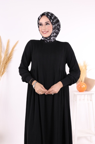 Yanları Büzgülü Örme Elbise 6026 Siyah - 8