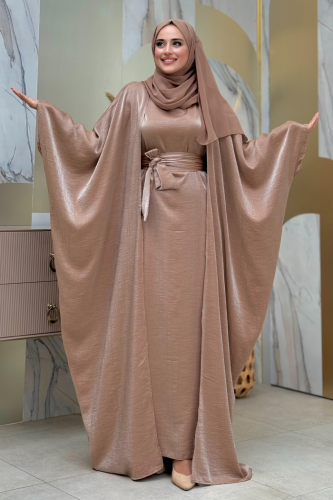 Yarasakol Abayalı Elbise Takım 8497 Vizon - Bym Fashion