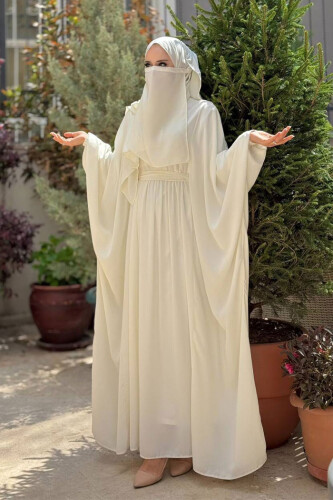 Yarasakol Belden Kuşaklı Peçeli, Şallı Elbise 6038 Ekru - Bym Fashion