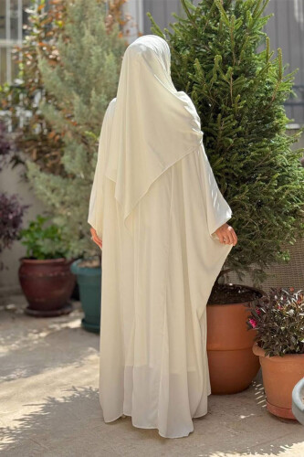 Yarasakol Belden Kuşaklı Peçeli, Şallı Elbise 6038 Ekru - Bym Fashion (1)