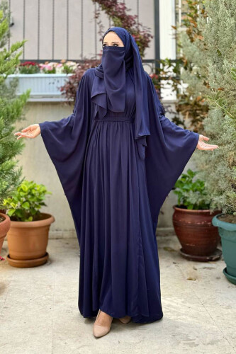 Yarasakol Belden Kuşaklı Peçeli, Şallı Elbise 6038 Lacivert - Bym Fashion